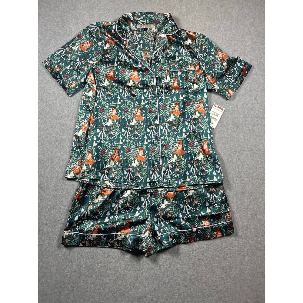 Their Nibs Satin Shortie Pyjama Set Women's Large Green Owl Mushroom Floral
